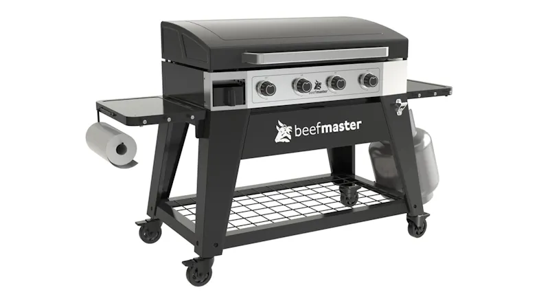 Beefmaster 4 Burner Flat Top BBQ with hood, stainless steel panel, control knobs, side shelves, and paper towel holder Beefmaster 4 Burner Flat Top BBQ with hood, stainless steel panel, control knobs, side shelves, and paper towel holder