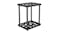 Black metal garden tool rack with two shelves and multiple circular slots for upright tool storage Black metal garden tool rack with two shelves and multiple circular slots for upright tool storage