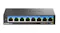 Front view of the D-Link DMS-108 Ethernet switch in black with eight numbered ports, LED indicators, and a power button Front view of the D-Link DMS-108 Ethernet switch in black with eight numbered ports, LED indicators, and a power button