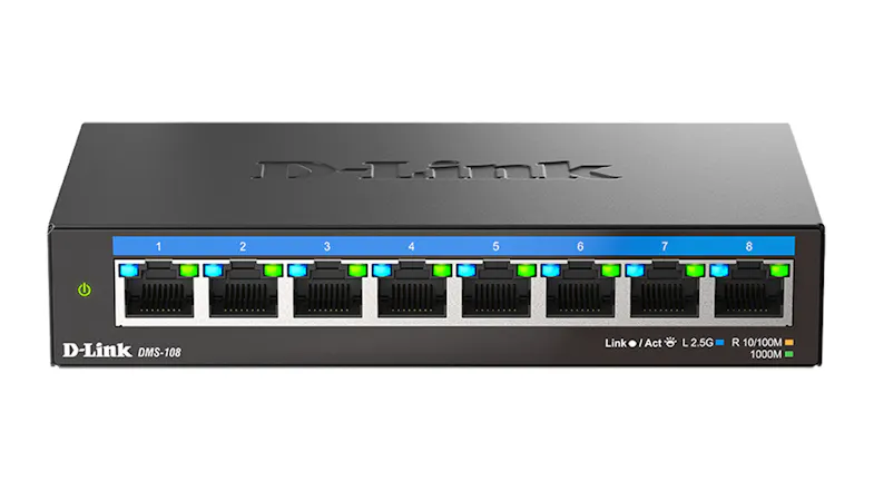 Front view of the D-Link DMS-108 Ethernet switch in black with eight numbered ports, LED indicators, and a power button Front view of the D-Link DMS-108 Ethernet switch in black with eight numbered ports, LED indicators, and a power button