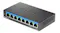 Angled right-front view of the Ethernet switch highlighting eight ports, LED indicators, and side ventilation Angled right-front view of the Ethernet switch highlighting eight ports, LED indicators, and side ventilation