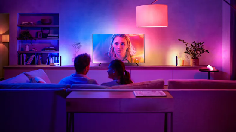Living room TV backlight with Philips Hue Gradient Lightstrip for vibrant colors Living room TV backlight with Philips Hue Gradient Lightstrip for vibrant colors