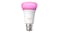 Philips Hue B22 A60 smart light bulb with a white base and pink glowing top Philips Hue B22 A60 smart light bulb with a white base and pink glowing top