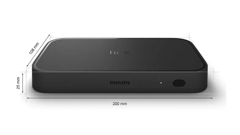 Philips Hue HDMI Sync Box dimensions: 200 mm width, 108 mm depth, 25 mm height Philips Hue HDMI Sync Box dimensions: 200 mm width, 108 mm depth, 25 mm height