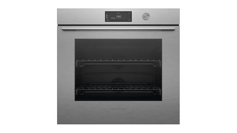 Fisher & Paykel 76cm oven in silver with oven door, horizontal handle, and digital display showing 180°C Fisher & Paykel 76cm oven in silver with oven door, horizontal handle, and digital display showing 180°C