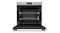 Front view of the built-in oven in brushed silver. The oven door is open, revealing two racks and a black interior Front view of the built-in oven in brushed silver. The oven door is open, revealing two racks and a black interior