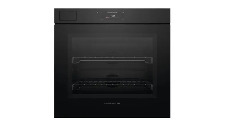 Front view of the Fisher & Paykel Series 11 built-in steam oven in black glass finish Front view of the Fisher & Paykel Series 11 built-in steam oven in black glass finish