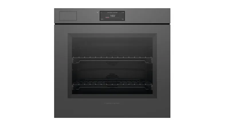 Front view of the Fisher & Paykel Series 11 built-in steam oven in grey glass finish Front view of the Fisher & Paykel Series 11 built-in steam oven in grey glass finish