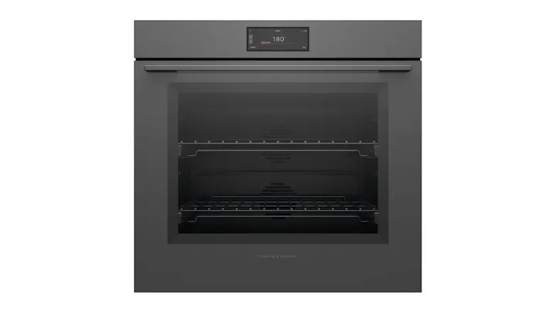 Front view of the Fisher & Paykel Series 9 built-in oven in grey glass finish. The door is closed, showing a sleek design Front view of the Fisher & Paykel Series 9 built-in oven in grey glass finish. The door is closed, showing a sleek design
