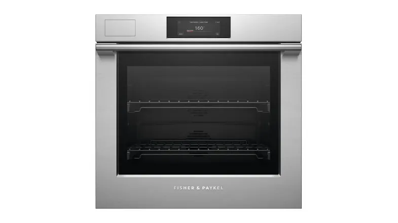 Front view of a closed Fisher & Paykel Series 11 built-in steam oven in brushed silver finish Front view of a closed Fisher & Paykel Series 11 built-in steam oven in brushed silver finish