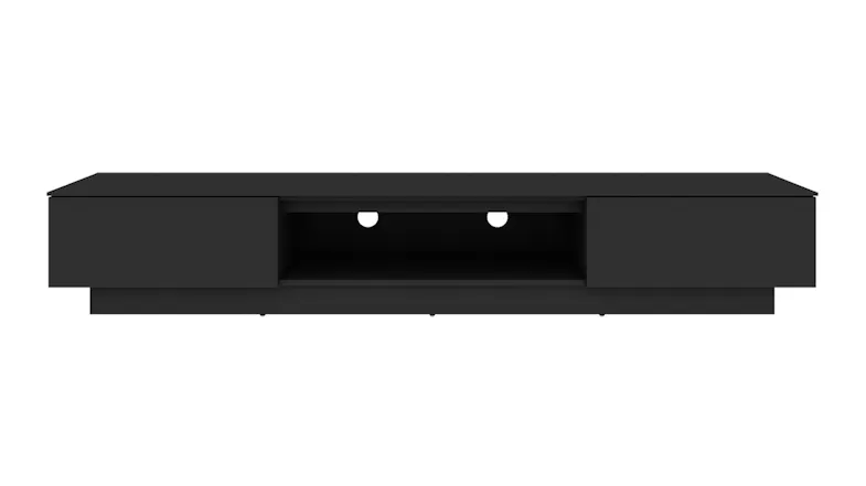 Straight-on front view of AVS Sao Paulo entertainment cabinet in black, featuring two side compartments Straight-on front view of AVS Sao Paulo entertainment cabinet in black, featuring two side compartments