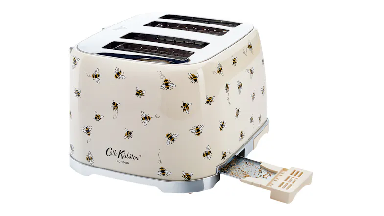 A rear view of the toaster with one of the removable crumb tray pulled out A rear view of the toaster with one of the removable crumb tray pulled out