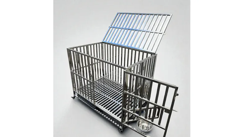 A dog crate with an open top and side door, showing a spacious interior A dog crate with an open top and side door, showing a spacious interior