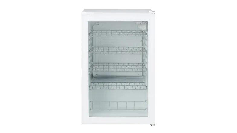 A front view of the Husky 130L white bar fridge with a clear glass door, showing an empty interior A front view of the Husky 130L white bar fridge with a clear glass door, showing an empty interior