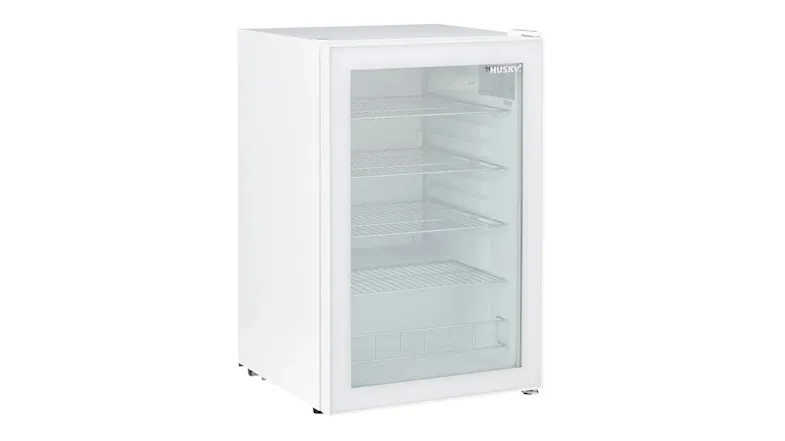 A left‑angled view of the 130L white bar fridge featuring a glass door and multiple empty wire shelves A left‑angled view of the 130L white bar fridge featuring a glass door and multiple empty wire shelves