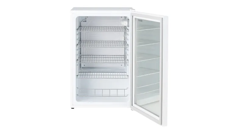 The Husky white bar fridge with the glass door open, displaying four adjustable wire shelves and a lower wire basket The Husky white bar fridge with the glass door open, displaying four adjustable wire shelves and a lower wire basket