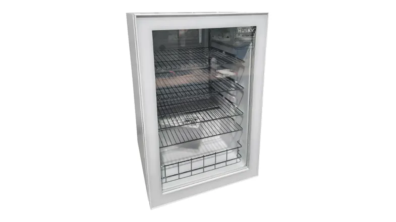A right‑angled view of the Husky 130L white bar fridge, showing the glass door and empty interior A right‑angled view of the Husky 130L white bar fridge, showing the glass door and empty interior