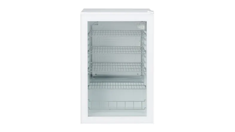 A front view of the Husky 130L white bar fridge with a clear glass door, showing an empty interior A front view of the Husky 130L white bar fridge with a clear glass door, showing an empty interior