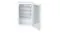 The white bar fridge with its glass door open, displaying four adjustable wire shelves and a lower wire basket The white bar fridge with its glass door open, displaying four adjustable wire shelves and a lower wire basket