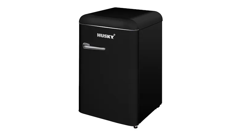 An angled left-facing front view of the Husky Bar Fridge An angled left-facing front view of the Husky Bar Fridge