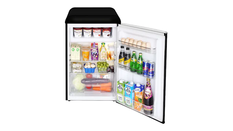 A front view of the bar fridge open and with food stored inside A front view of the bar fridge open and with food stored inside