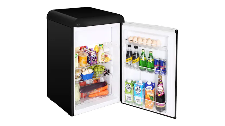 A side view of the bar fridge open and with food stored inside A side view of the bar fridge open and with food stored inside