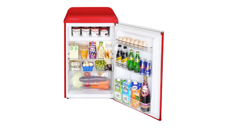 A front view of the bar fridge open and with food stored inside A front view of the bar fridge open and with food stored inside
