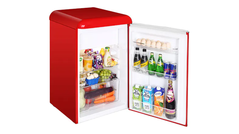 A side view of the bar fridge open and with food stored inside A side view of the bar fridge open and with food stored inside