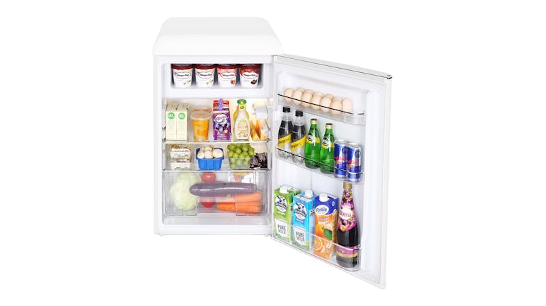A front view of the bar fridge open and with food stored inside A front view of the bar fridge open and with food stored inside