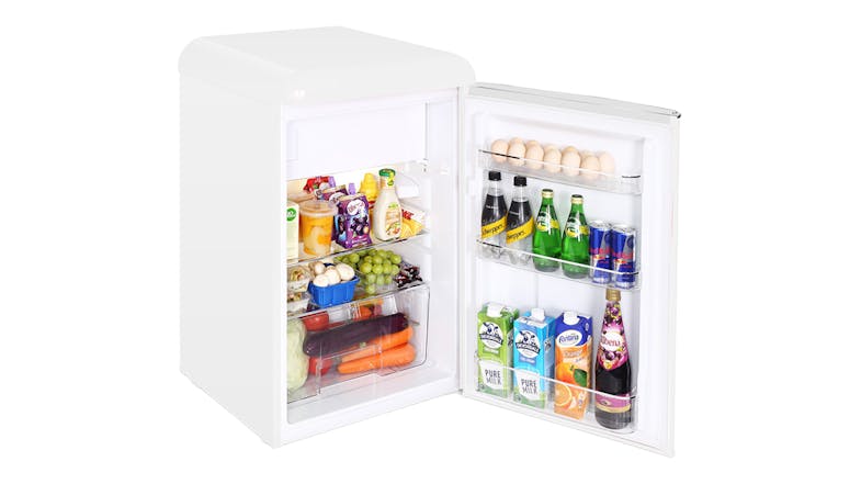 A side view of the bar fridge open and with food stored inside A side view of the bar fridge open and with food stored inside