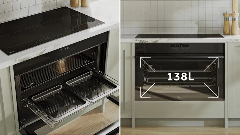 Haier oven open and closed, showing 138L size and trays Haier oven open and closed, showing 138L size and trays
