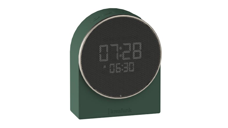 Green Kreafunk Ivy alarm clock with Bluetooth speaker and LED display showing time Green Kreafunk Ivy alarm clock with Bluetooth speaker and LED display showing time