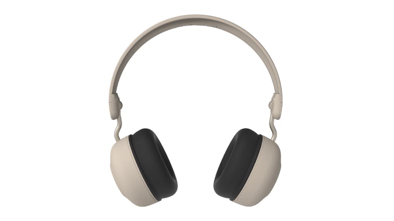 Beige over-ear Bluetooth headphones with black cushioned ear pads and an adjustable headband Beige over-ear Bluetooth headphones with black cushioned ear pads and an adjustable headband