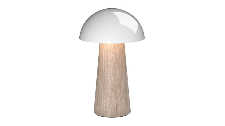 Modern table lamp with a white dome shade and a tapered wooden base Modern table lamp with a white dome shade and a tapered wooden base