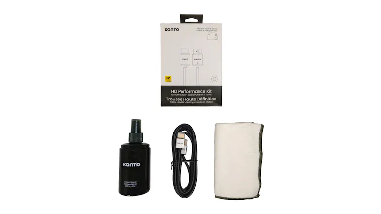 Kanto HD Performance Kit, including an 8K HDMI cable, a screen cleaner bottle, and a microfibre cloth Kanto HD Performance Kit, including an 8K HDMI cable, a screen cleaner bottle, and a microfibre cloth