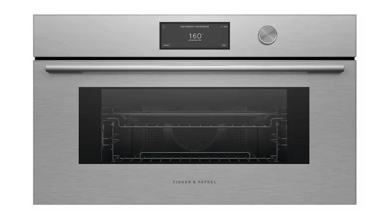 Fisher & Paykel 76cm oven in silver with oven door, horizontal handle, and digital display showing 160°C Fisher & Paykel 76cm oven in silver with oven door, horizontal handle, and digital display showing 160°C