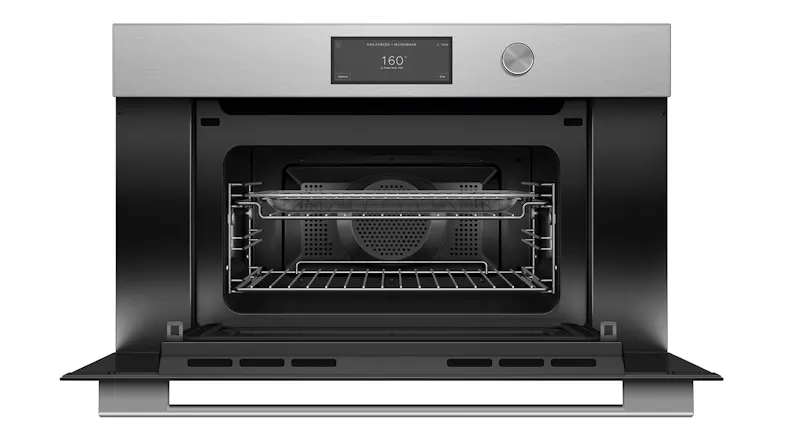 Front view of the built-in oven in silver. The oven door is open, revealing two racks and a black interior Front view of the built-in oven in silver. The oven door is open, revealing two racks and a black interior