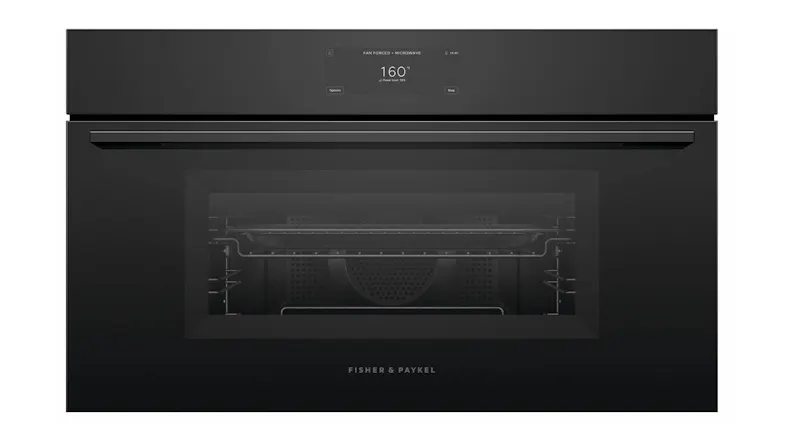 Fisher & Paykel 76cm oven in black glass with oven door, horizontal handle, and digital display showing 160°C Fisher & Paykel 76cm oven in black glass with oven door, horizontal handle, and digital display showing 160°C