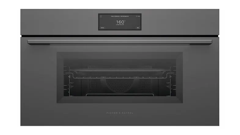 Fisher & Paykel 76cm oven in grey glass with oven door, horizontal handle, and digital display showing 160°C Fisher & Paykel 76cm oven in grey glass with oven door, horizontal handle, and digital display showing 160°C