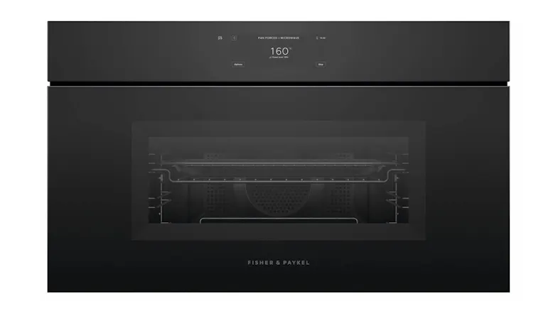 Fisher & Paykel 76cm oven in black glass with oven door, horizontal handle, and digital display showing 160°C Fisher & Paykel 76cm oven in black glass with oven door, horizontal handle, and digital display showing 160°C