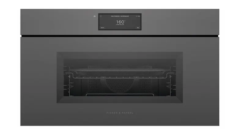 Fisher & Paykel 76cm oven in grey glass with oven door, horizontal handle, and digital display showing 160°C Fisher & Paykel 76cm oven in grey glass with oven door, horizontal handle, and digital display showing 160°C