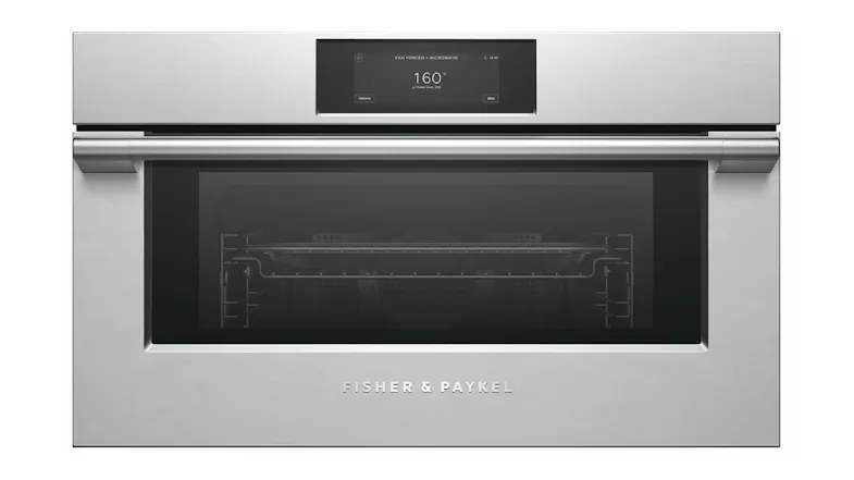 Fisher & Paykel 76cm oven in silver with oven door, horizontal handle, and digital display showing 160°C Fisher & Paykel 76cm oven in silver with oven door, horizontal handle, and digital display showing 160°C