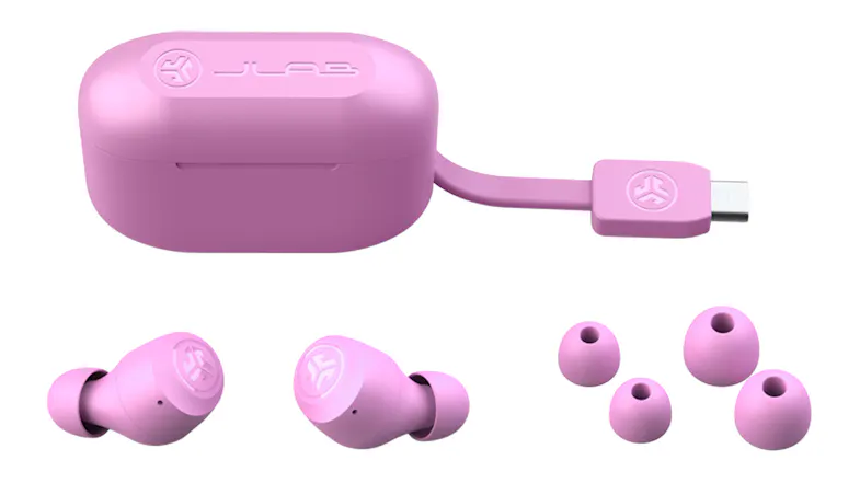Full JLab earbud kit with USB-C cable, extra ear tips, and branded accessories Full JLab earbud kit with USB-C cable, extra ear tips, and branded accessories