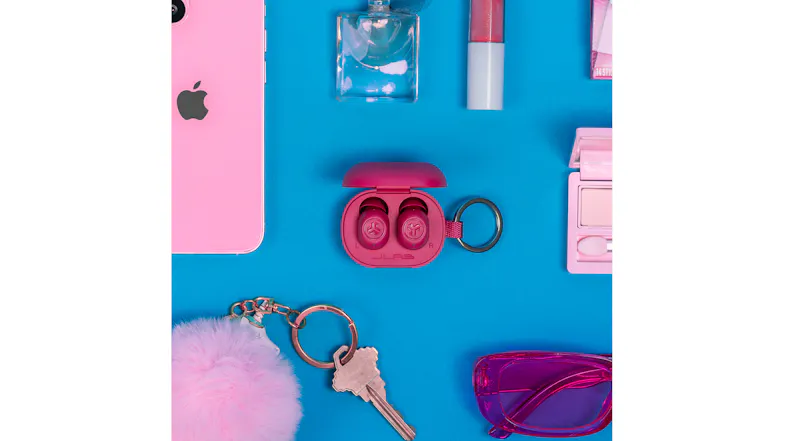 JLab earbuds beside an iPhone, perfume, lip gloss, eyeshadow, and sunglasses JLab earbuds beside an iPhone, perfume, lip gloss, eyeshadow, and sunglasses
