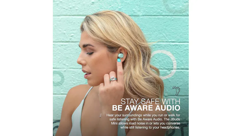 A promotional graphic of the JLab earbuds showcasing Be Aware Audio A promotional graphic of the JLab earbuds showcasing Be Aware Audio
