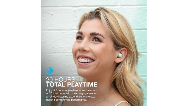 A promotional graphic of the JLab earbuds showcasing 20 hours total playtime A promotional graphic of the JLab earbuds showcasing 20 hours total playtime