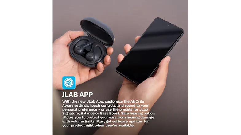 A promotional graphic of the JLab headphone showcasing the JLab app A promotional graphic of the JLab headphone showcasing the JLab app