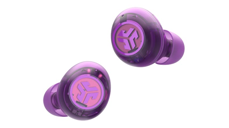A pair of wireless earbuds in sleek purple colour A pair of wireless earbuds in sleek purple colour