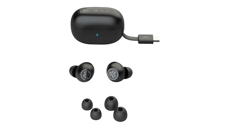 Full JLab earbud kit with USB-C cable, extra ear tips, and branded accessories Full JLab earbud kit with USB-C cable, extra ear tips, and branded accessories