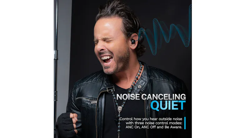 A promotional graphic of the JLab headphone showcasing noise-cancelling quiet modes A promotional graphic of the JLab headphone showcasing noise-cancelling quiet modes